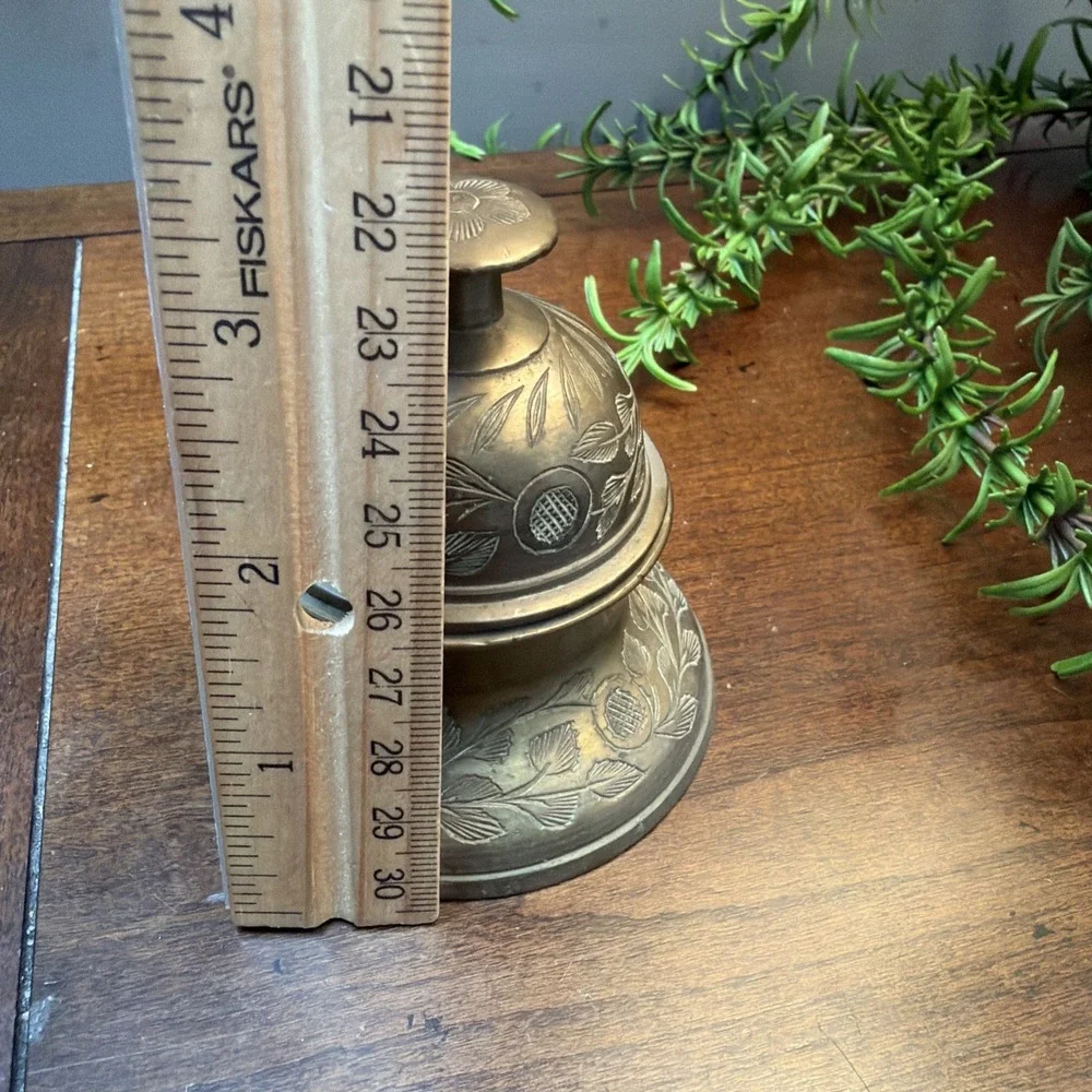 Vintage Solid Brass Elephant Claw Bell Engraved Leaf Pattern with Stand 3